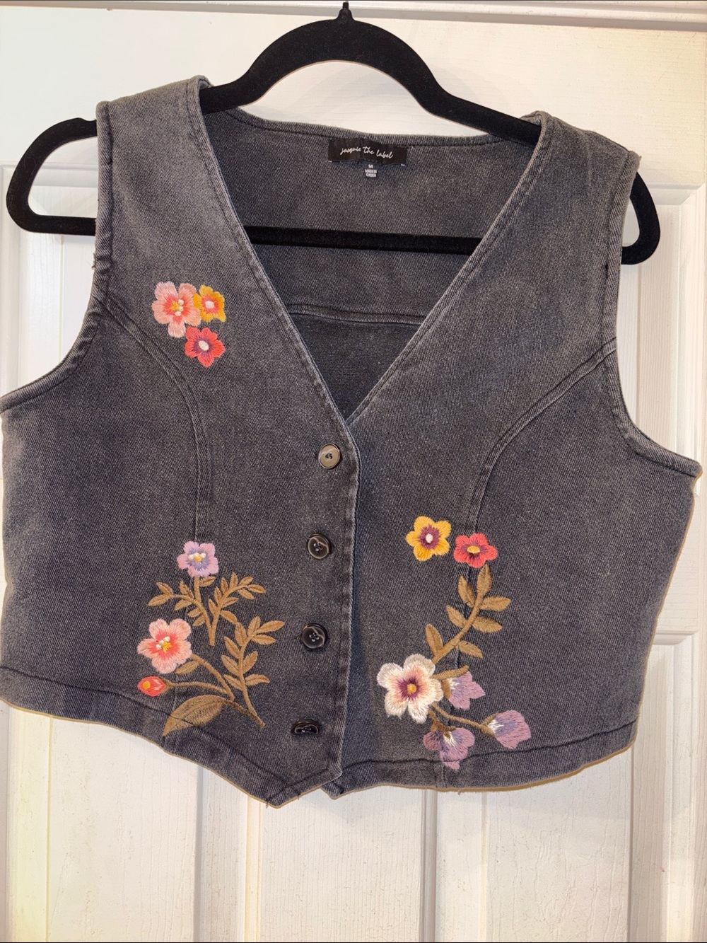Jacquie the Label Embroidered Floral black Denim Vest M EUC